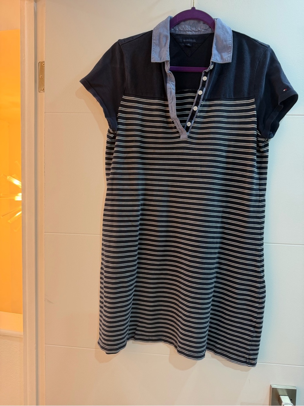 Tommy Hilfiger Navy and White Striped Polo Dress with Light Blue Collar